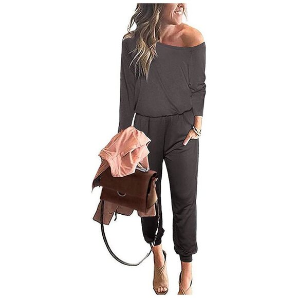 Women's Casual Long Sleeve Jumpsuit Crewneck One Off Shoulder Dark Grey